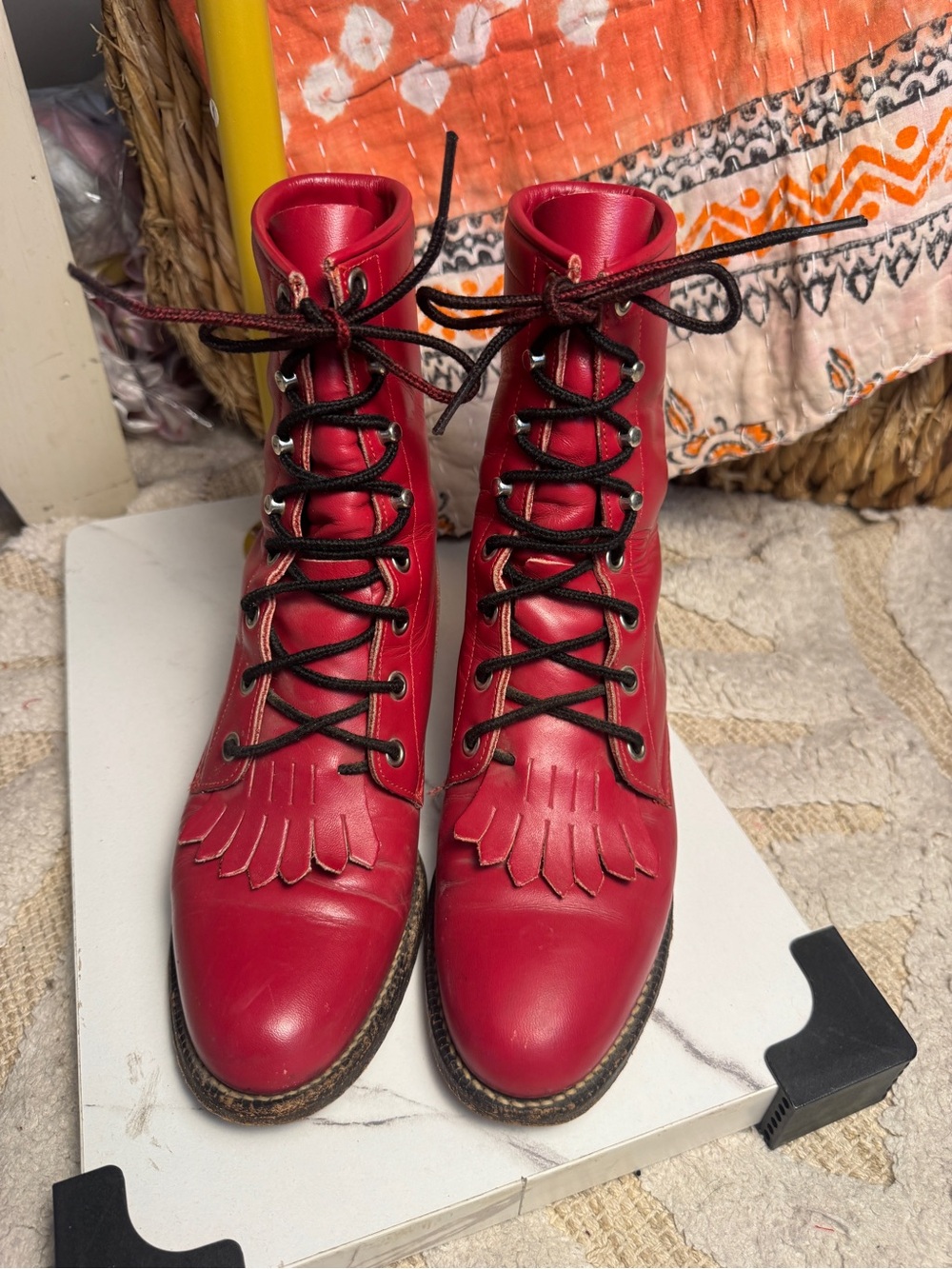 Justine boots Red Leather Lace-Up Fringe Boots